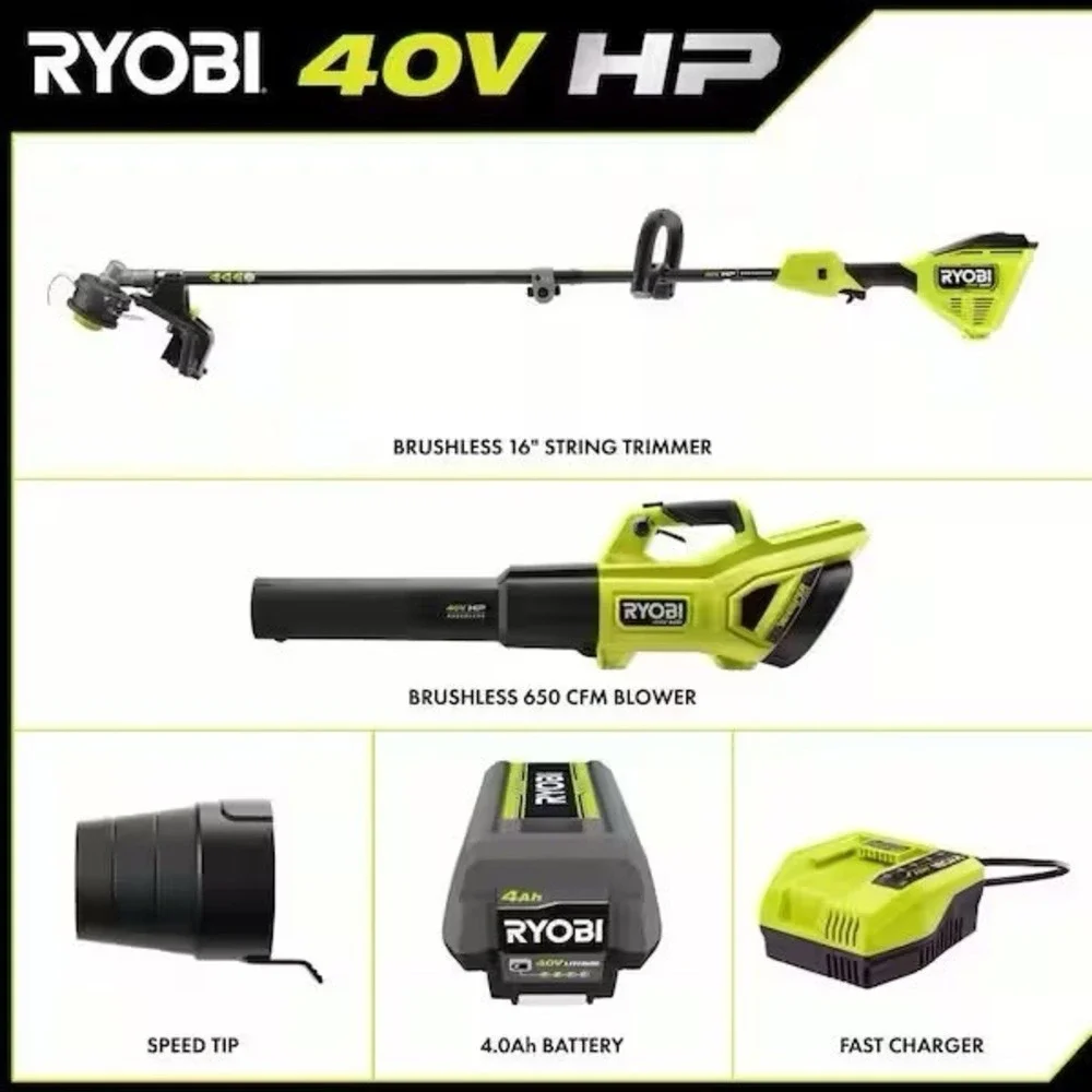 RYOBI 40V HP Brushless 650 CFM Blower & Carbon Fiber Trimmer Kit 4Ah